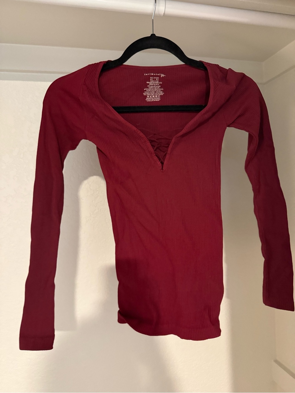 Free People Ribbed Lace-Up Long Sleeve Top - Wine